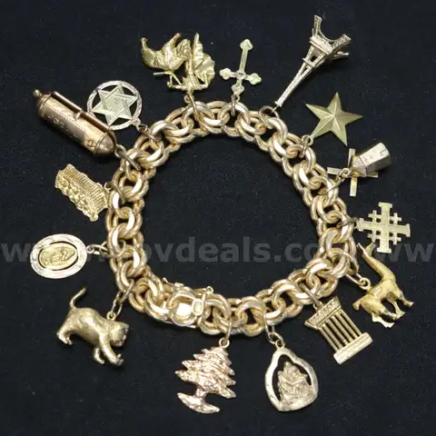 14K Yellow Gold Double Curb Link Bracelet W/15 Assorted Charms, 81.5 Grams