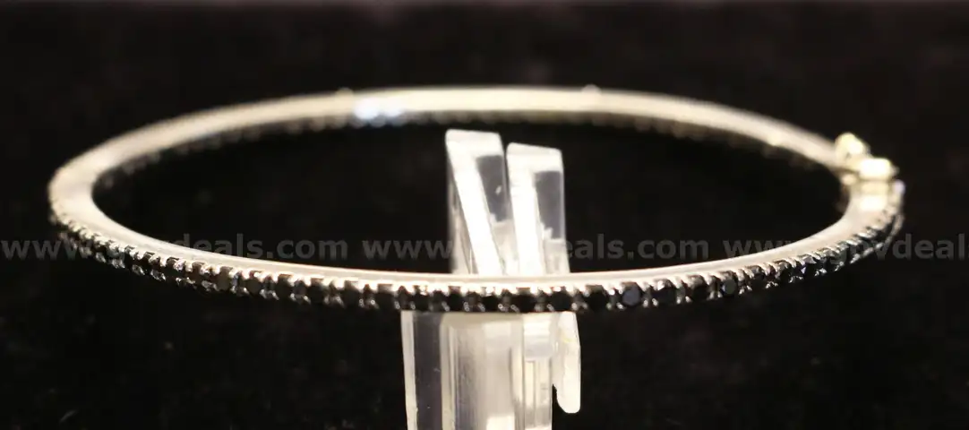 14K White Gold Hinged Bangle Bracelet With Black Diamonds, 12.3 Grams