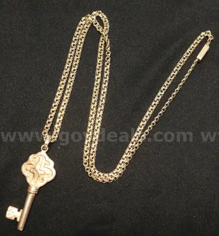 10K Yellow Gold Double Curb Necklace and Key Design Pendant, 14.1 Grams