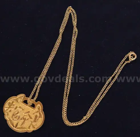 24K Yellow Gold Link Necklace &#x26; 23k Yellow Gold Floral Design Pendant, 8.4 Grams