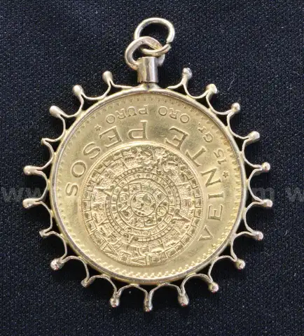 1918 Mexico Viente (20) Peso Gold Coin With 14K Yellow Gold Bezel, 19.6 Grams