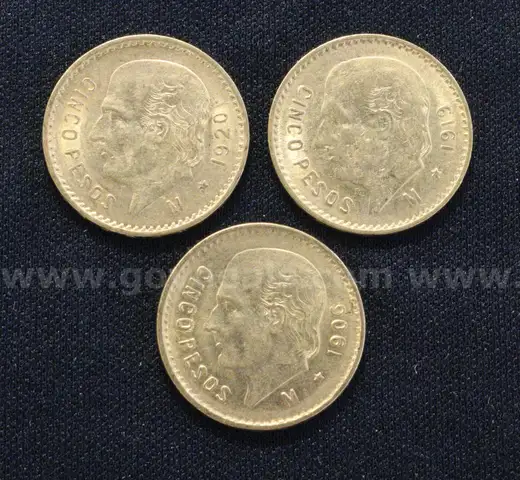3 Assorted Date Mexico Gold Cinco (5) Peso Coins, 12.3 Grams