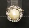 14K White Gold Ring With Freshwater Pearl &#x26; Diamonds, 6.9 Grams