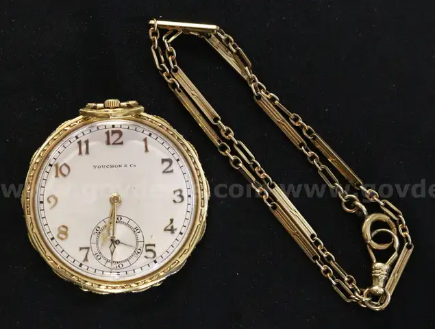 Touchon &#x26; Co.19 Jewel Thin Pocket Watch With 18K Y/G Case &#x26; 14K Y/G Chain
