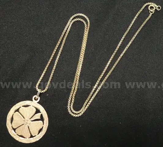 10K Yellow Gold Box Link Necklace W/4 Leaf Clover Design Pendant, 14.1 Grams