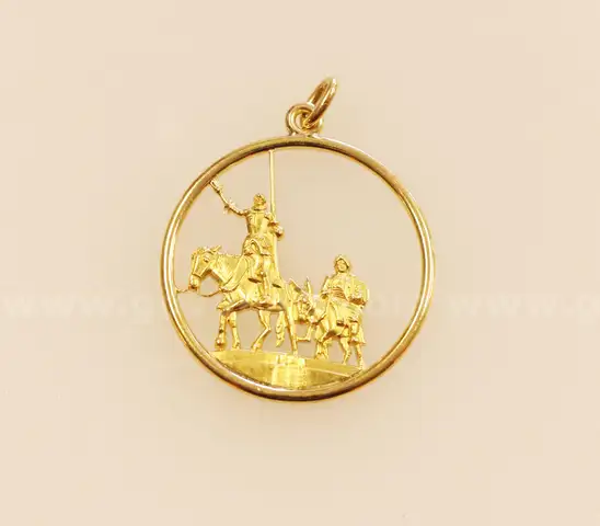 14k Yellow Gold Don Quixote and Sancho Panza Pendant, 7.1 Grams