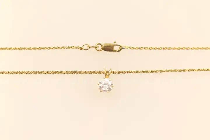 14k Yellow Gold Rope Chain and Cubic Zirconia Solitaire Pendant, 5.5 Grams