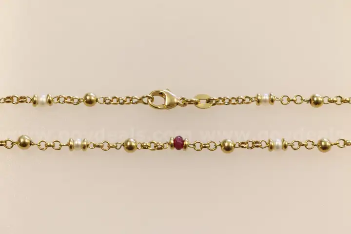 18k Yellow Gold Cable Chain Beaded Necklace with Red Stones and Pearls, 10.5g