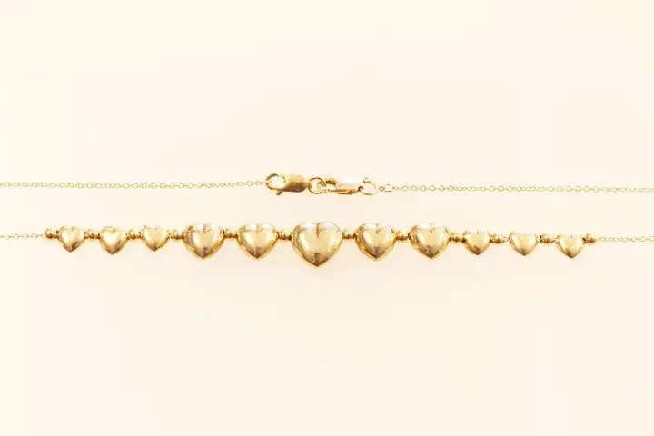 14k Yellow Gold Cable Link Necklace with Heart Beads, 4.4 Grams
