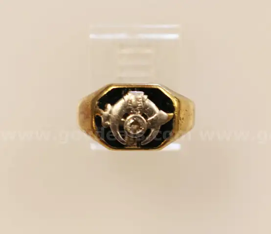 14k Yellow Gold Scimitar and Crescent Mason Ring with Diamond, 6.7 Grams