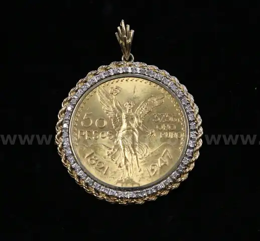 1947 Gold Mexico 50 Peso Coin In 14K Diamond Roped Bezel, 53.6 Gr