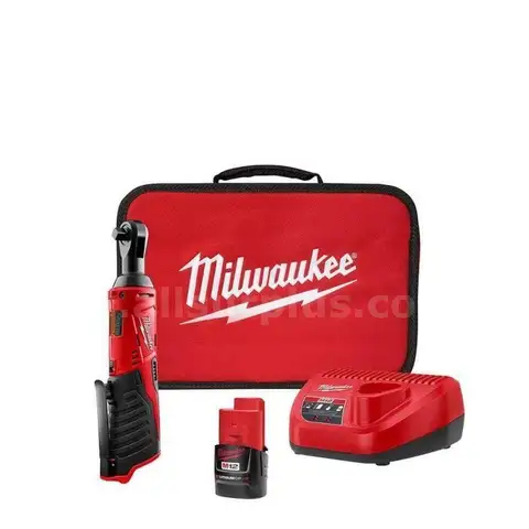 Milwaukee M12 12V Lithium-Ion Cordless 3/8 in. Ratchet Kit, One 1.5 Ah Battery Charger and Tool Bag