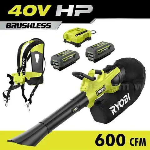 RYOBI 40V HP Brushless 100 MPH 600 CFM Cordless Leaf Blower/Mulcher/Vacuum, 4.0 Ah Batteries and Charger