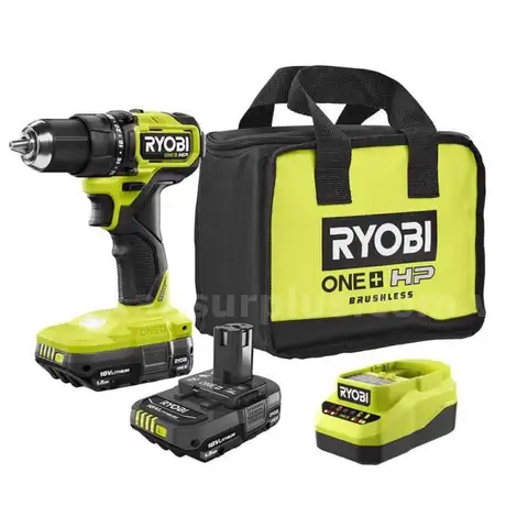 RYOBI ONE HP 18V Brushless Cordless Compact 1/2&#x22; Drill/Driver Kit, 1.5 Ah Batteries Charger and Bag