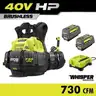 RYOBI 40V HP Brushless Whisper Series 165 MPH 730 CFM Cordless Battery Backpack Blower, 6.0 Ah Batteries
