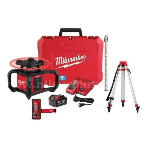 Milwaukee M18 2000&#x27; Red Exterior Rotary Laser Level Kit with Receiver Receiver Clamp Tripod &#x26; Grade Rod