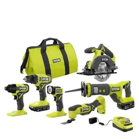 RYOBI ONE 18V Cordless 6-Tool Combo Kit, 1.5 Ah Battery 4.0 Ah Battery and Charger