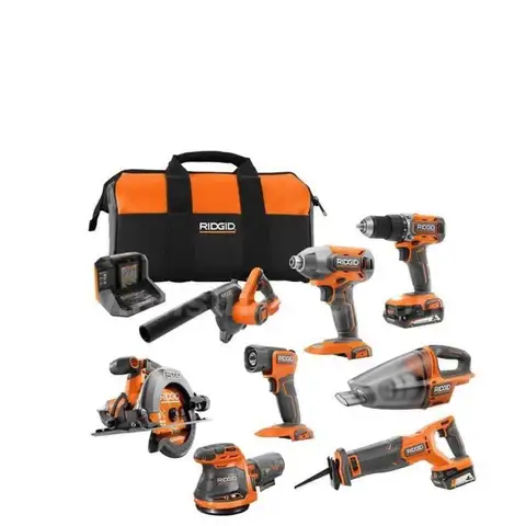 RIDGID 18V Cordless 8-Tool Combo Kit, 2.0 Ah Battery 4.0 Ah Battery Charger and Tool Bag