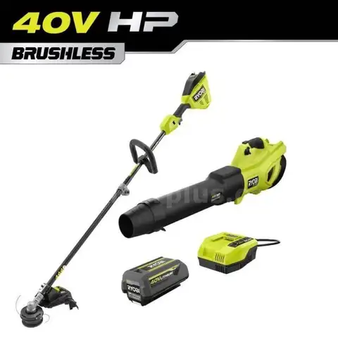 RYOBI 40V HP Brushless 650 CFM 160 MPH Cordless Leaf Blower, Carbon Fiber String Trimmer, 4Ah Battery / Charger