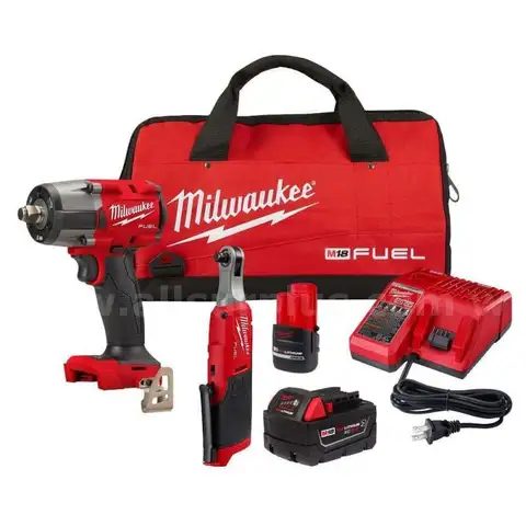 M18 FUEL 18V Cordless Mid Torque 1/2 in. Impact Wrench w/ M12 FUEL 3/8 in. Ratchet &#x26; Battery/Charger Combo Kit
