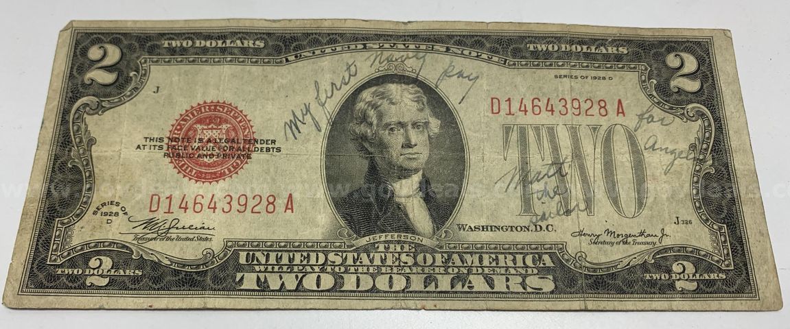 SPECIAL 1928 RED INK $2 DOLLAR BILL U.S. NAVY PAY WAGES - WILL SHIP ...