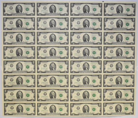 UNCUT SHEET OF 32 UNCIRCULATED $2 BILLS US U.S. MINT MONEY CURRENCY ...