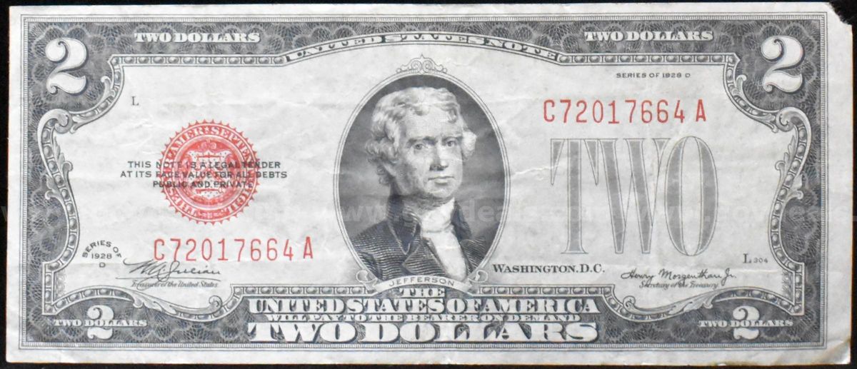 1928 DEFECT $2 TWO DOLLAR BILL RED INK MISCUT US U.S. MINT- WILL SHIP ...