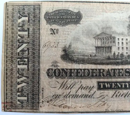 GENUINE CIVIL WAR SOUTHERN SOUTH CONFEDERATE MISPRINT $20 BILL MONEY CURRENCY!!! - CAN SHIP!!!