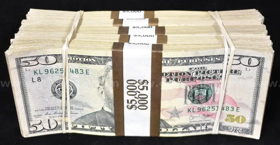 $5,000 BUNDLE OF AGED $50 BILLS FILM / T.V. / MOVIE MONEY CASH CURRENCY - CAN SHIP!!
