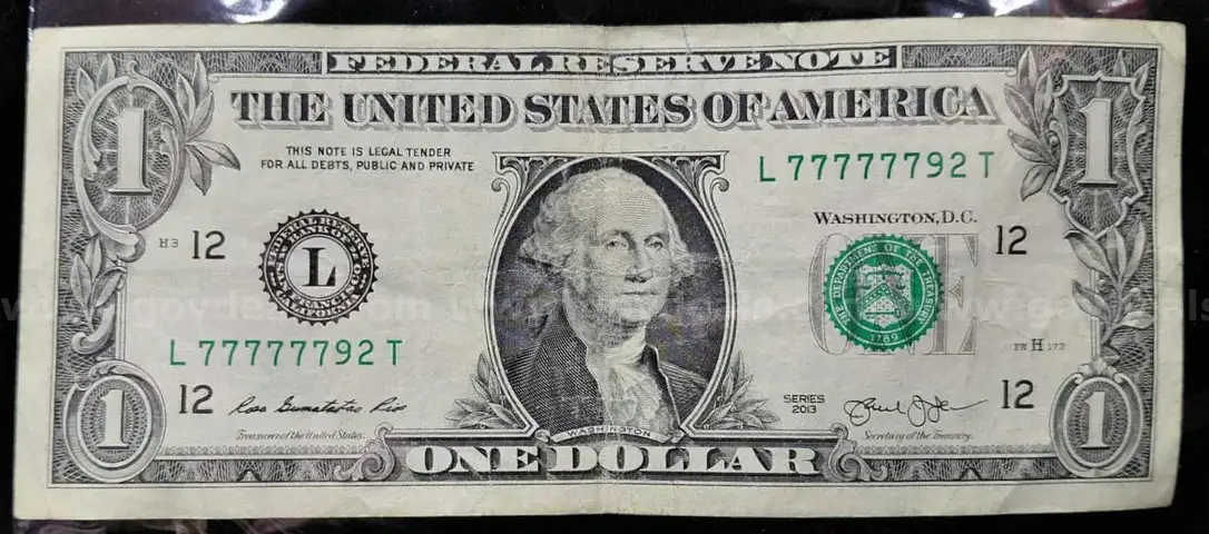 $1 BILL 6 SEVENS REPEATER SERIAL NUMBER &#x26; DOUBLE DEFECT MISCUT US U.S. UNITED STATED MONEY CURRENCY!!! - CAN SHIP!!!