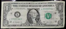 $1 BILL 6 SEVENS REPEATER SERIAL NUMBER &#x26; DOUBLE DEFECT MISCUT US U.S. UNITED STATED MONEY CURRENCY!!! - CAN SHIP!!!