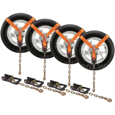 SET OF 4 BRAND NEW HEAVY DUTY TIRE TIE DOWN STRAPS WITH CHAIN HOOKS TOW TOWING FLATBED - SHIPPING ONLY