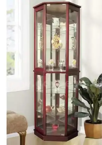 BRAND NEW, REAL WOOD, FLOOR STANDING, CHERRY, 5 SIDED, LIGHTED DISPLAY CURIO CABINET - SHIPPING ONLY