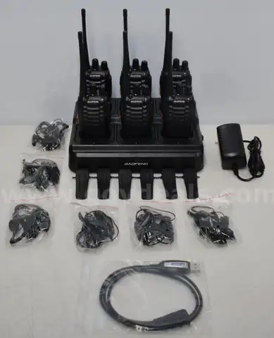 BRAND NEW SET OF 6 UHF TWO WAY RADIO WITH A 6 POCKET GANG CHARGER - WILL SHIP!!
