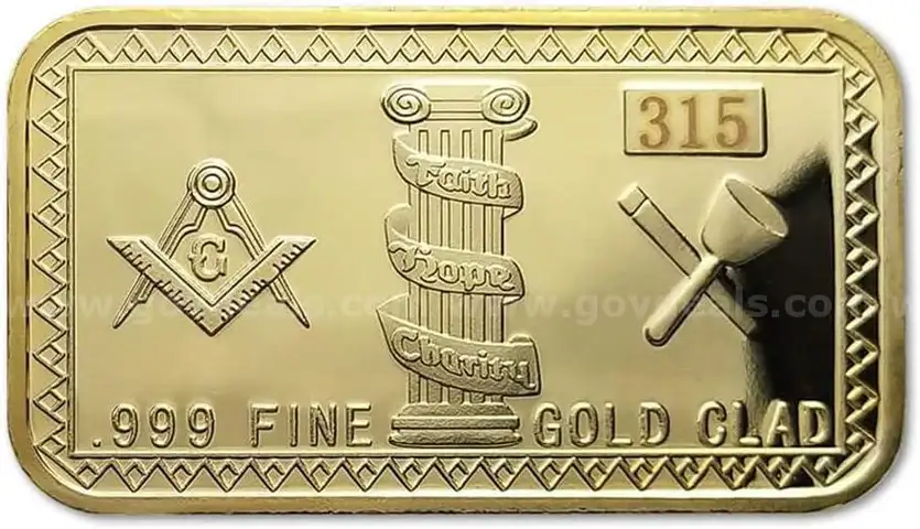 REAL .999 PURE GOLD CLAD MASONIC MASON COIN INGOT - SHIP ONLY
