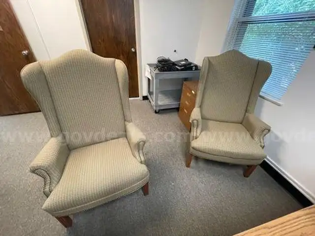Lot of 2 Wingback Chairs on Casters - Tan Stripe Fabric