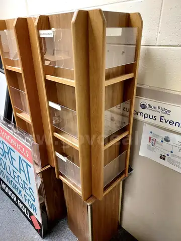 &#x1FAB5; Lot of 5 Wooden Brochure Display Racks &#x2013; Assorted Finishes