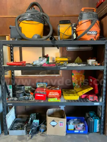 Contents of Rack - Huge Lot of Workshop Shop Jobsite Equipment &#x26; Supplies Shop Vac Tools Sprayer Clamps Cable Hooks #T10