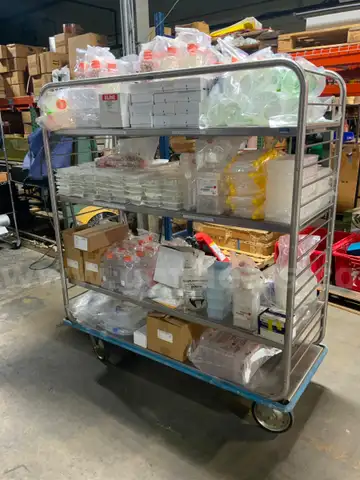 Rack of Laboratory Equipment & Supplies Pipettes Flasks Bottles Caps Vials Tubing Trays Tips Needles Plates #G13