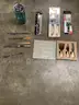 Lot of misc box items-3 Charcuterie cheese knife set, 2 Laguiole knife set, dark green bottle, 2 paring knives &#x22;DH&#x22;