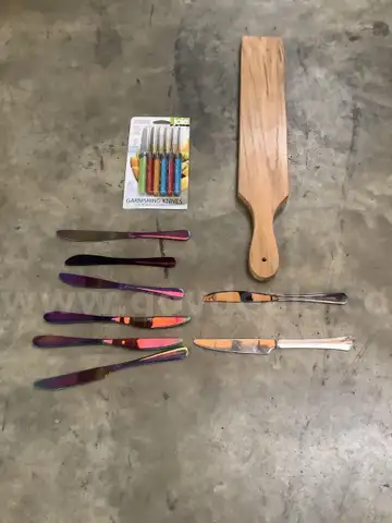 Lot of misc box items-2 multi-colored &#x22;Cambridge&#x22; kitchen knives, 6 garnishing knives, 22 inch wood cutting board &#x22;DH&#x22;