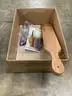 Lot of misc box items-2 multi-colored &#x22;Cambridge&#x22; kitchen knives, 6 garnishing knives, 22 inch wood cutting board &#x22;DH&#x22;