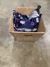 Lot of misc box items-35 inch &#x22;Roma&#x22; table cloth, &#x22;one fits all&#x22; light brown hat, blue mixed w green design scarf, &#x22;DH&#x22;