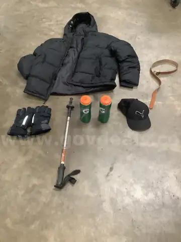 Lot of misc box items-XXL black &#x22;Champion&#x22; coat, 2 &#x22;Gatorade&#x22; bottles, Detroit Lions hat-no size to determine, &#x22;DH&#x22;