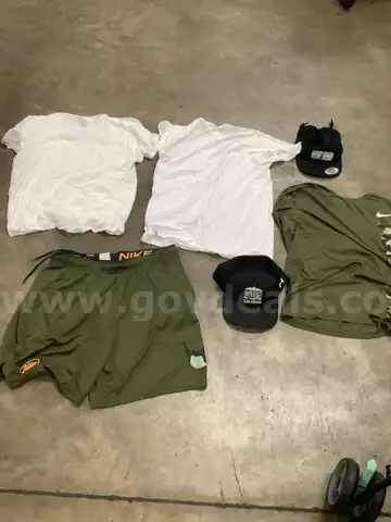 Lot of misc box items-2 Tall white shirts, XL forest green Nike shorts, large green Nike shirt, PA hat-no size, &#x22;DH&#x22;