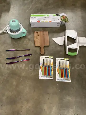 Lot of misc box items-2 six paring knives, teal green blender, multi slicer cutter, multi color kitchen knives, &#x22;DH&#x22;