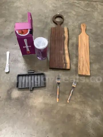 Lot of misc box items-2 wood cutting boards, 2 forks, 8 inch skillet pan, purple &#x22;Zola&#x22; slush &#x26; shake mixer, &#x22;DH&#x22;