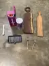Lot of misc box items-2 wood cutting boards, 2 forks, 8 inch skillet pan, purple &#x22;Zola&#x22; slush &#x26; shake mixer, &#x22;DH&#x22;