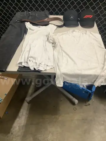 Lot of misc box items-W30  L32 black Levi jeans, Adidas &#x26; F1 hat-no sizes to determine, Custom Ink shirt-no size, &#x22;DH&#x22;