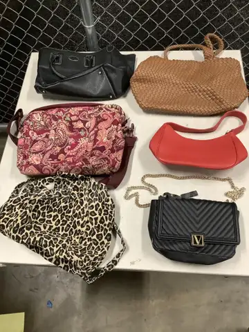 Lot of misc box items-V purse, with attached gold chain, red purse, leopard purse, brown leather purse &#x22;DH&#x22;
